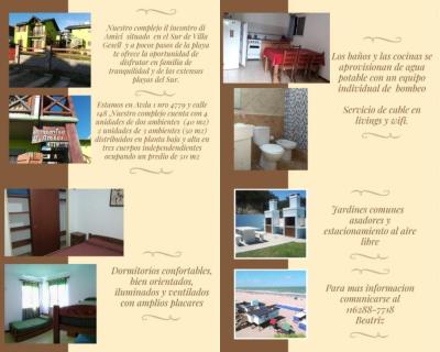 Complejo de Cabañas en alquiler en Villa Gesell. 3 ambientes, 1 baño y capacidad de 3 a 7 personas. A 50 m de la playa